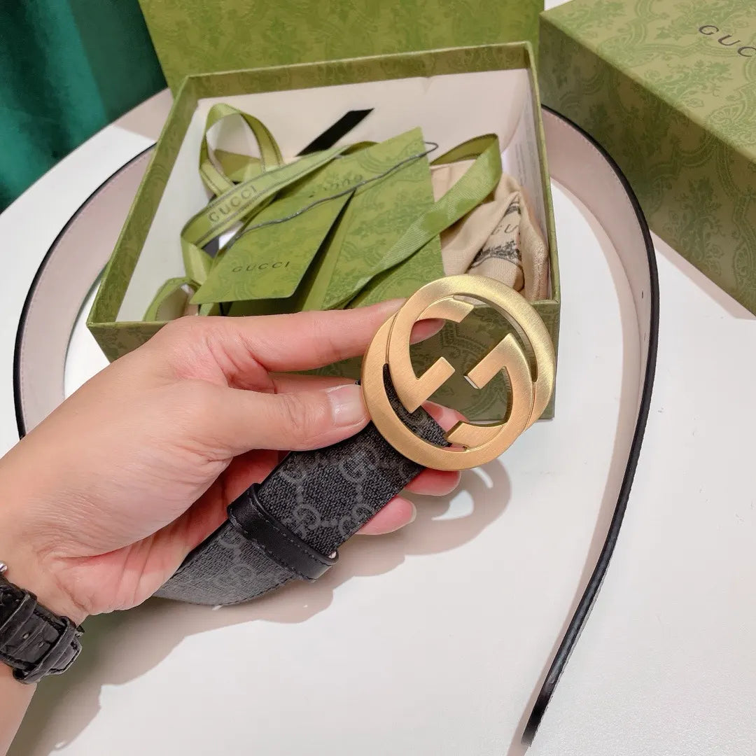gold Gucci Gray Monogram Belt - Hình 5
