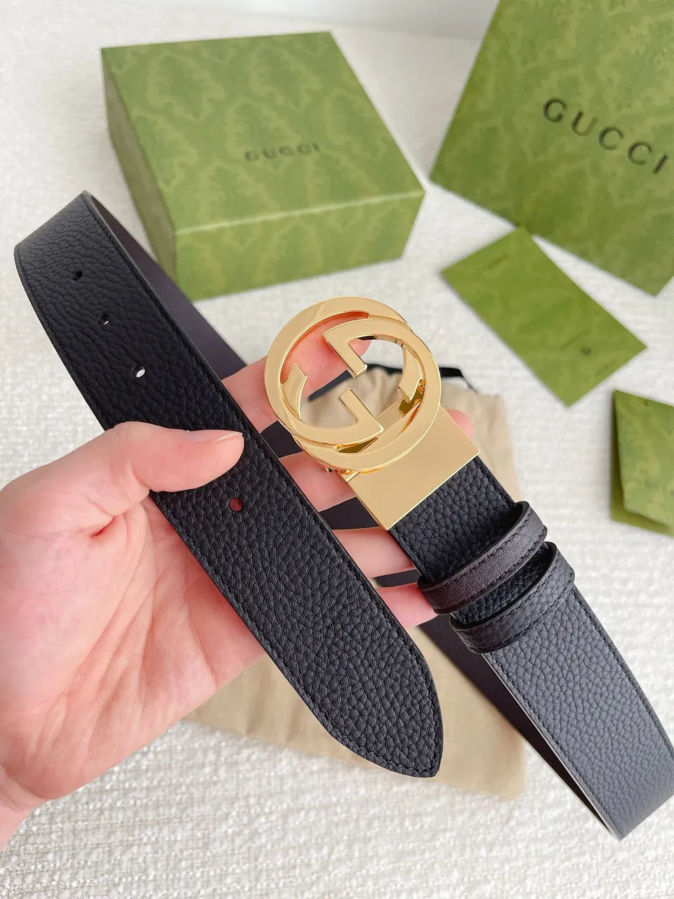 gold Gucci Black Pebbled Leather Belt - Hình 5
