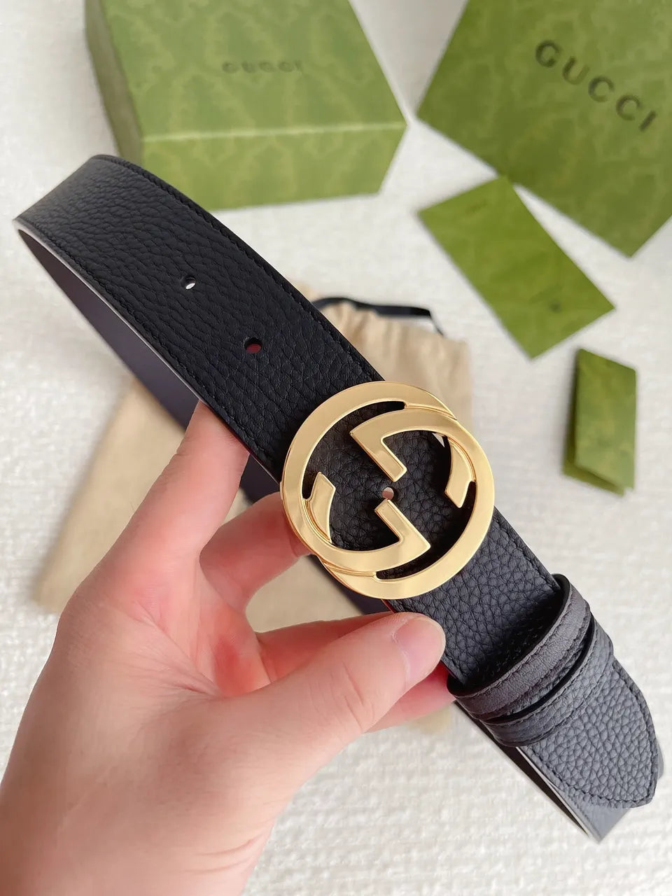 gold Gucci Black Pebbled Leather Belt - Hình 7