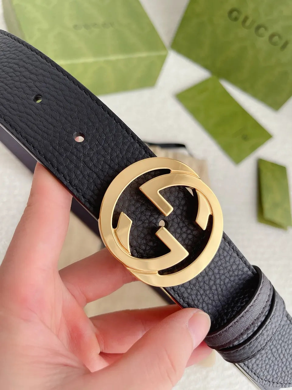 gold Gucci Black Pebbled Leather Belt - Hình 6