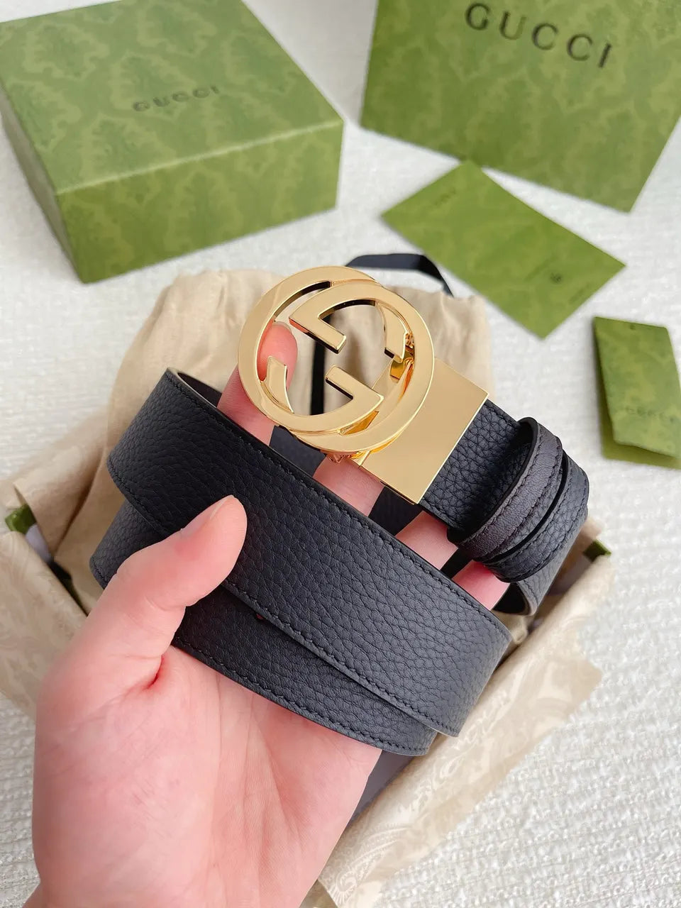 gold Gucci Black Pebbled Leather Belt - Hình 8
