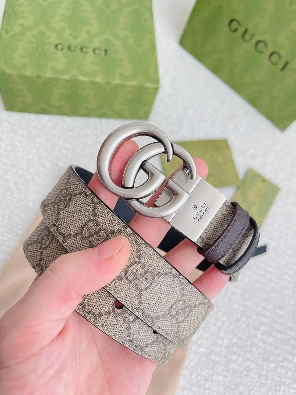 silver Gucci Beige Monogram Belt