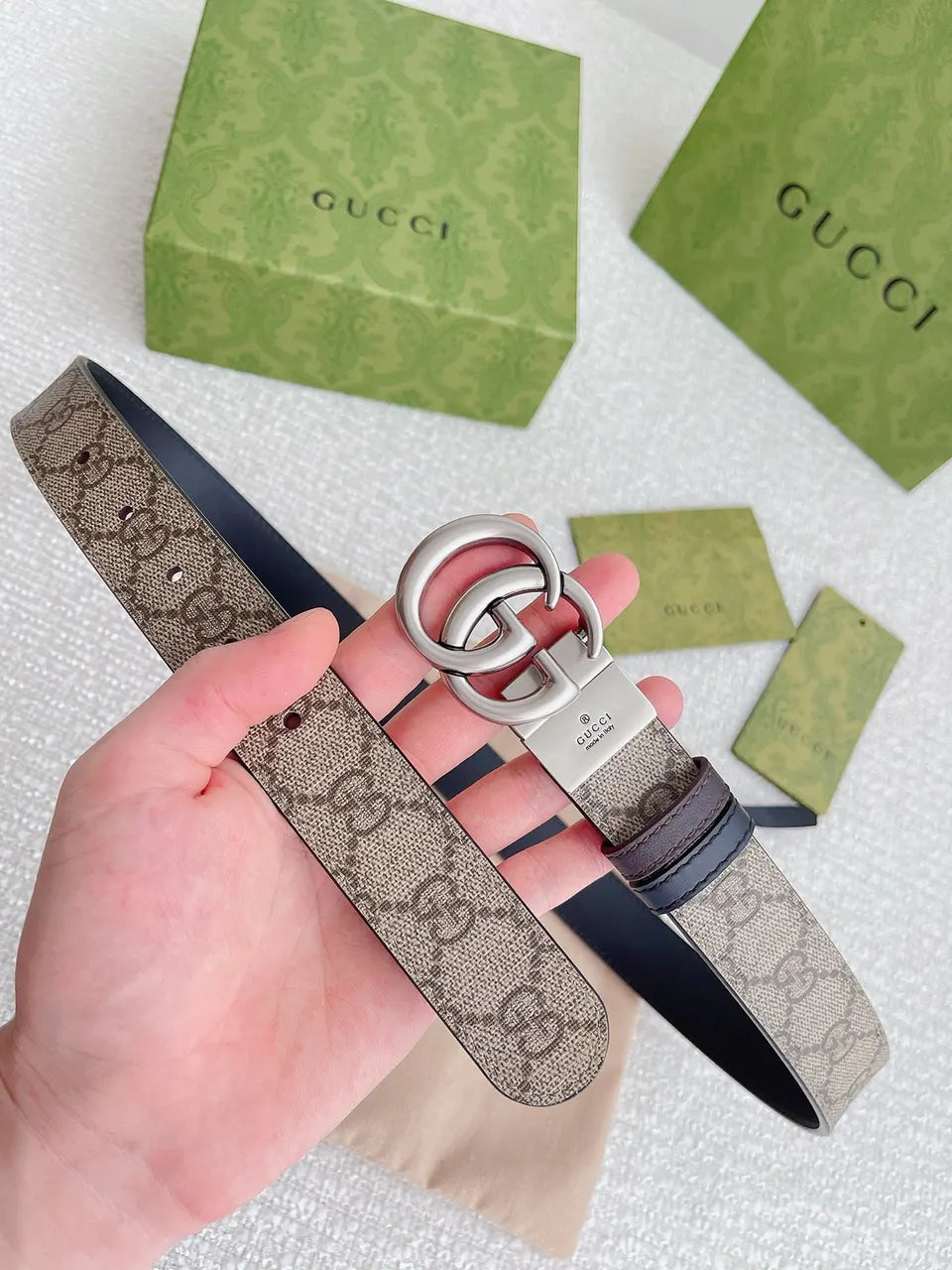 silver Gucci Beige Monogram Belt - Hình 6
