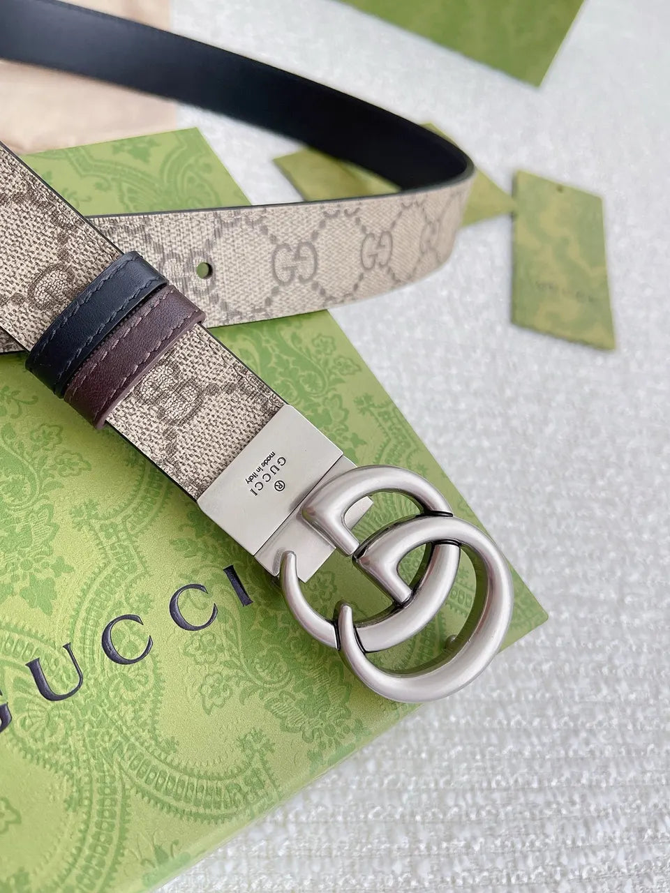silver Gucci Beige Monogram Belt - Hình 2