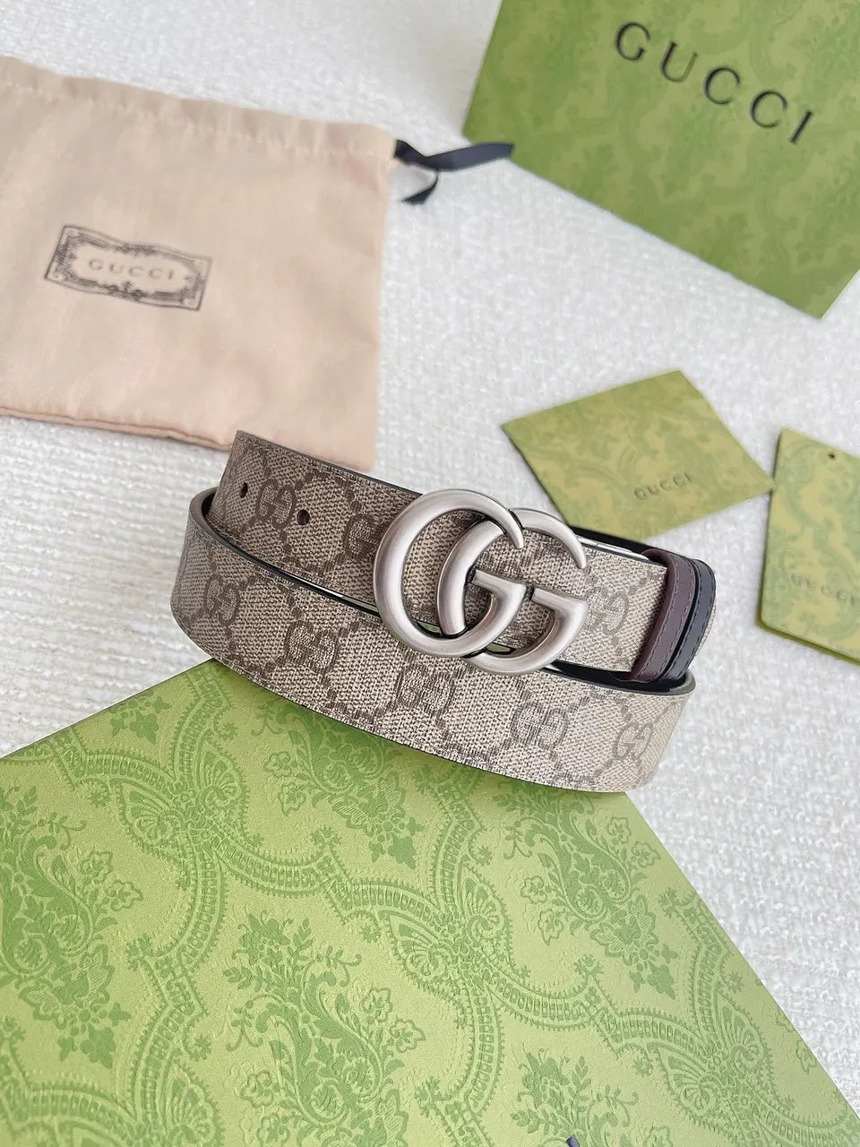 silver Gucci Beige Monogram Belt - Hình 9