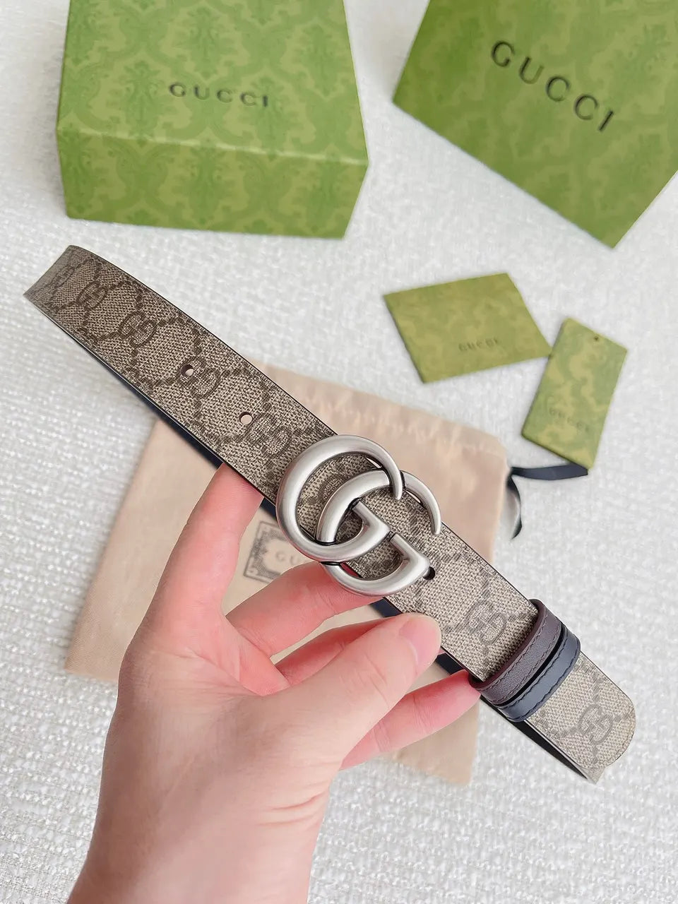 silver Gucci Beige Monogram Belt - Hình 8