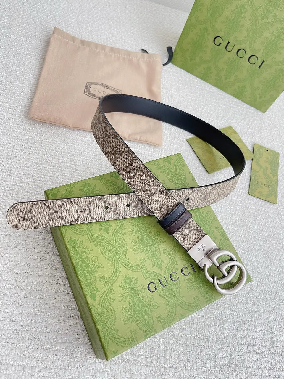 silver Gucci Beige Monogram Belt - Hình 3