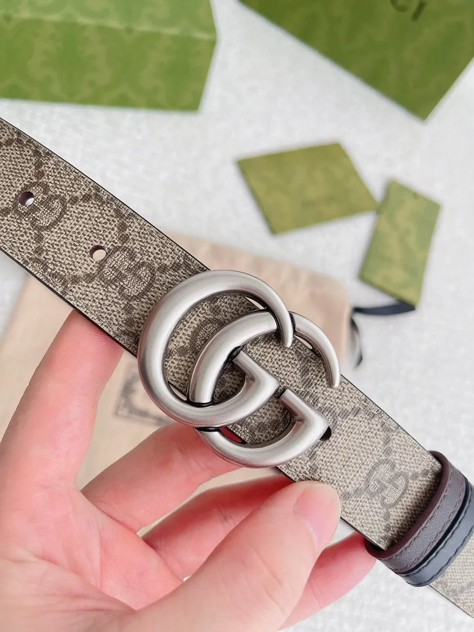 silver Gucci Beige Monogram Belt - Hình 7