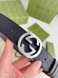 silver Gucci Embossed Black Belt