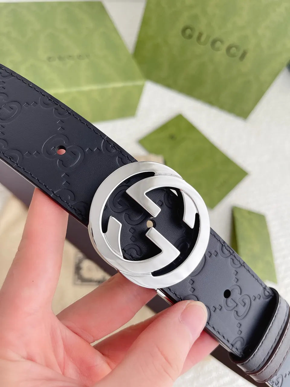 silver Gucci Embossed Black Belt