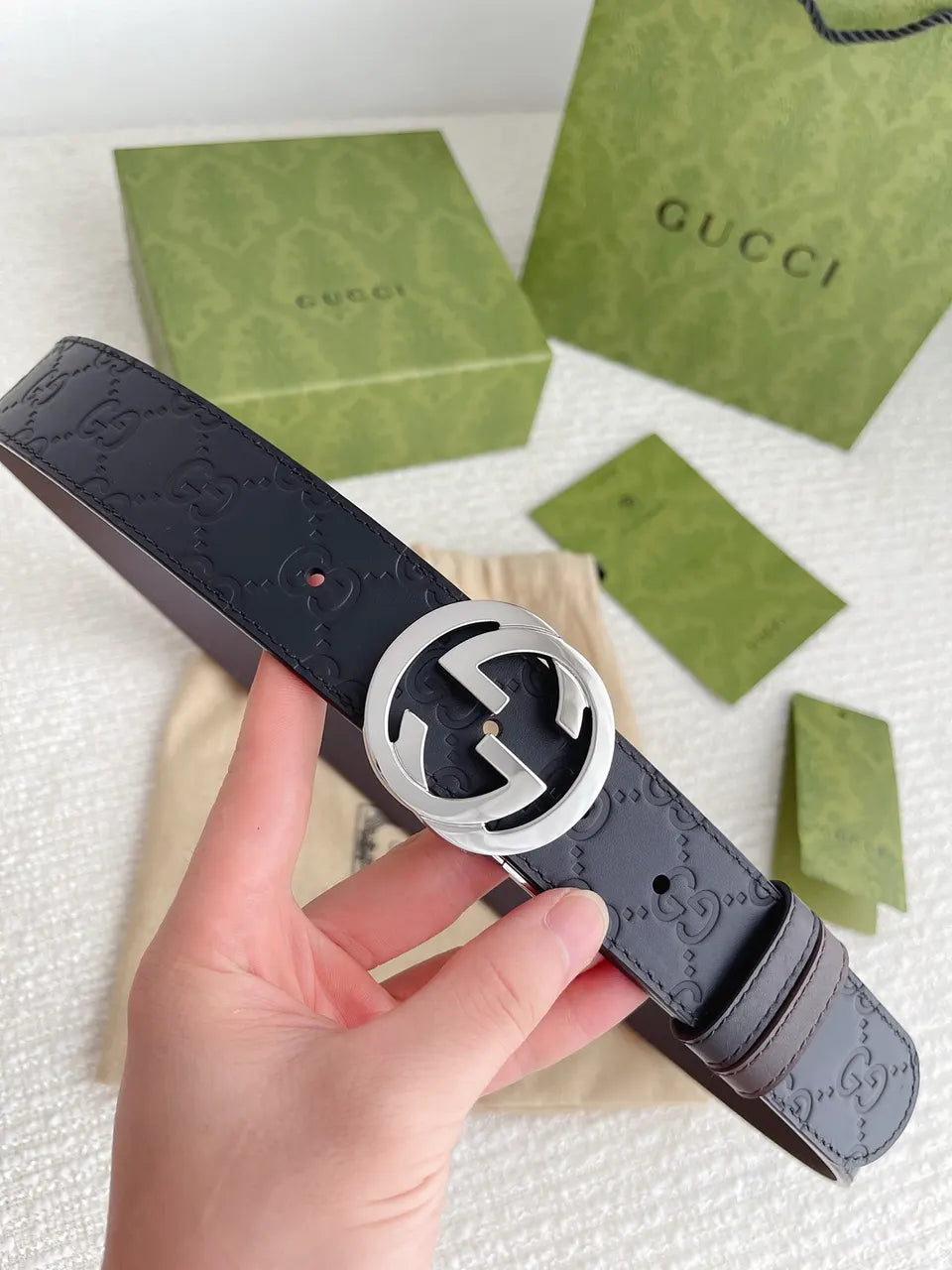 silver Gucci Embossed Black Belt - Hình 8