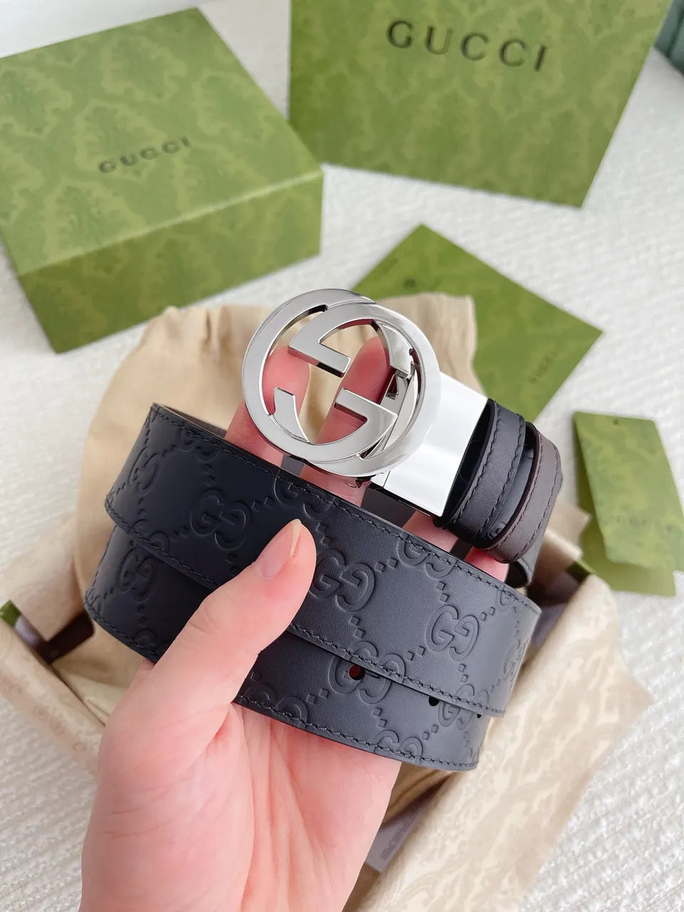 silver Gucci Embossed Black Belt - Hình 9