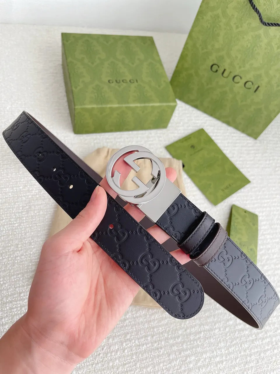 silver Gucci Embossed Black Belt - Hình 6
