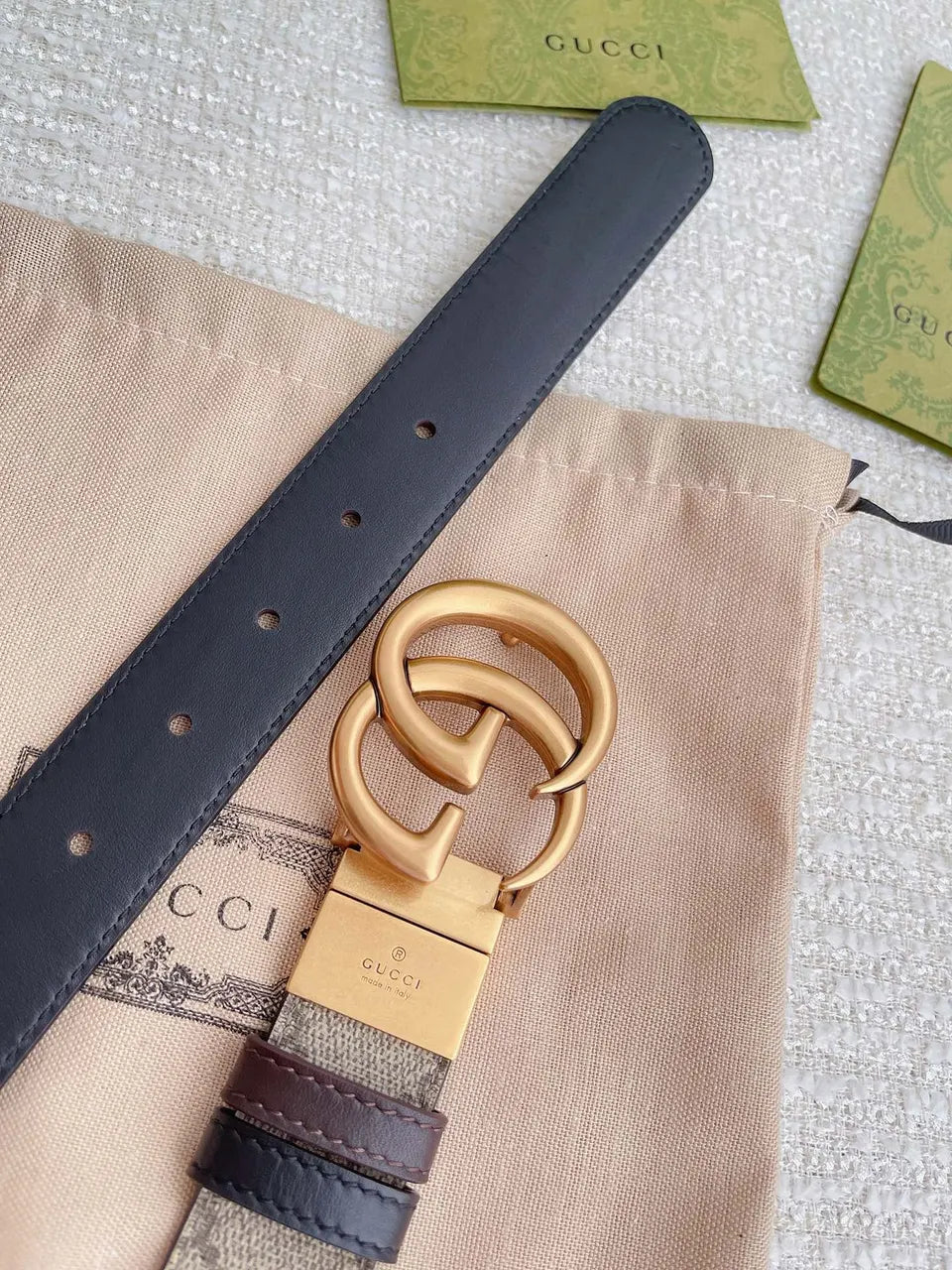 gold Gucci Beige Monogram Belt - Hình 5