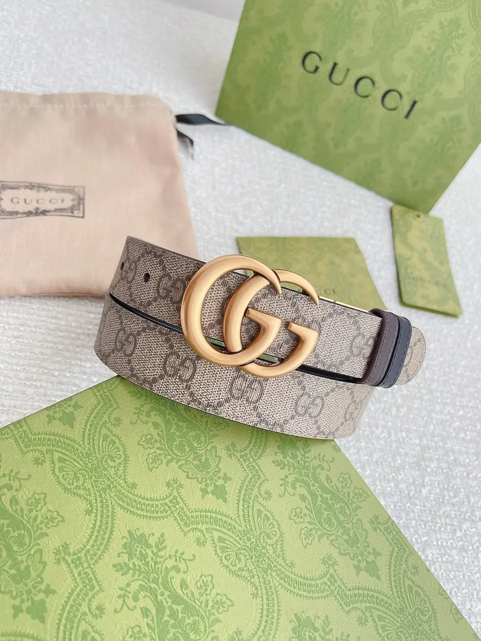 gold Gucci Beige Monogram Belt - Hình 9