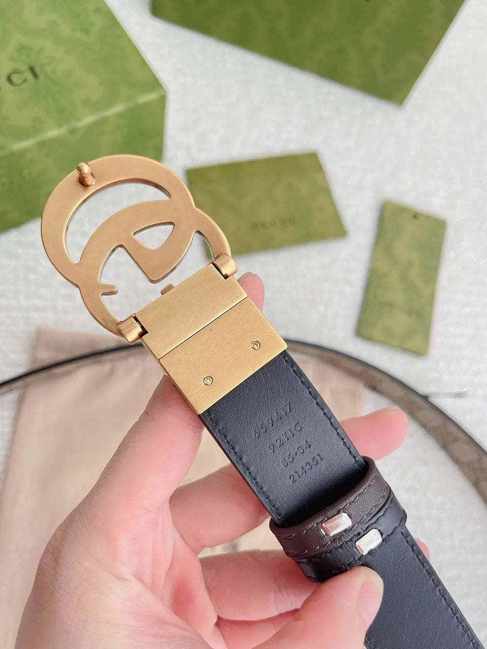 gold Gucci Beige Monogram Belt - Hình 4