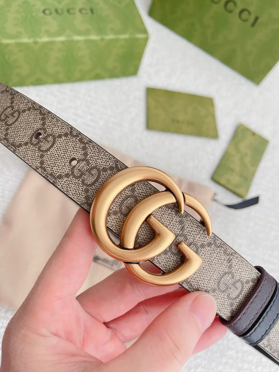 gold Gucci Beige Monogram Belt - Hình 7