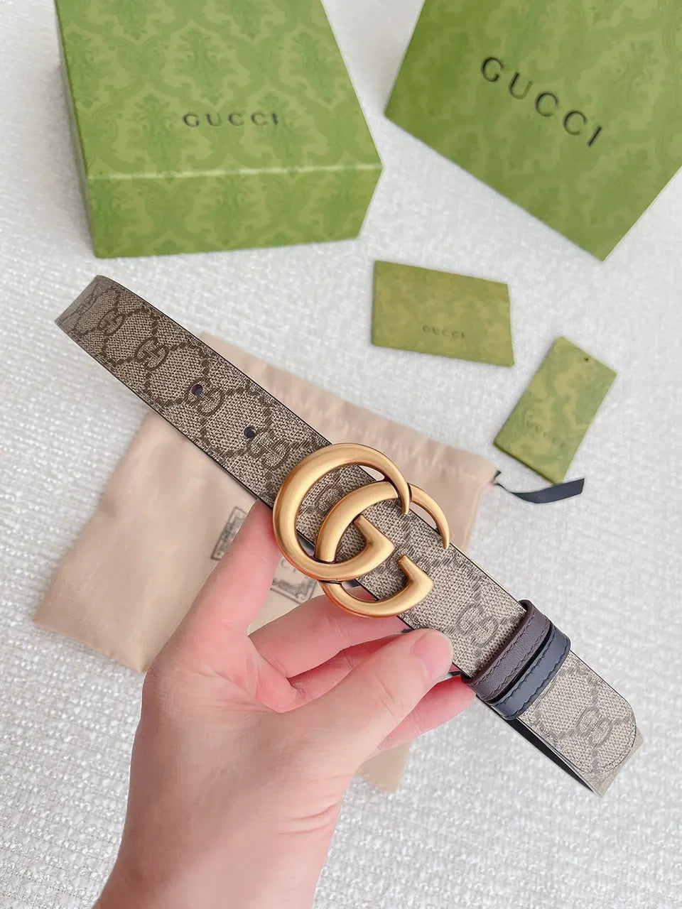 gold Gucci Beige Monogram Belt - Hình 8