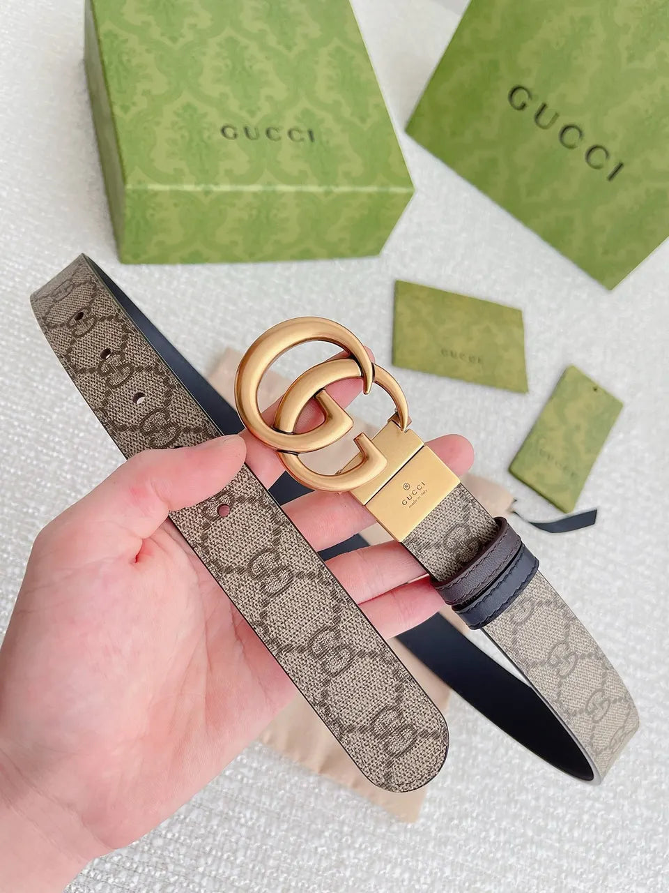 gold Gucci Beige Monogram Belt - Hình 6