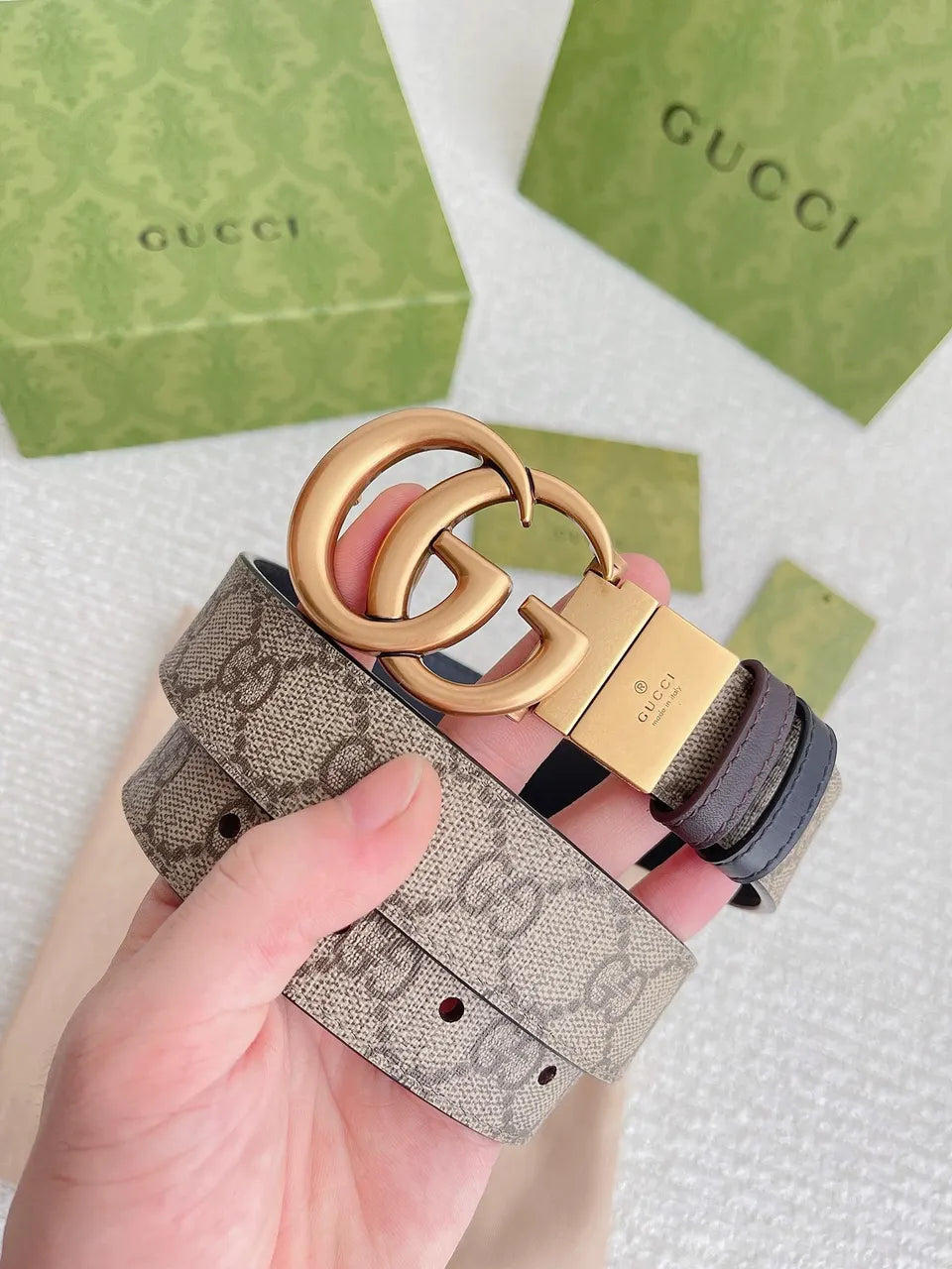 gold Gucci Beige Monogram Belt