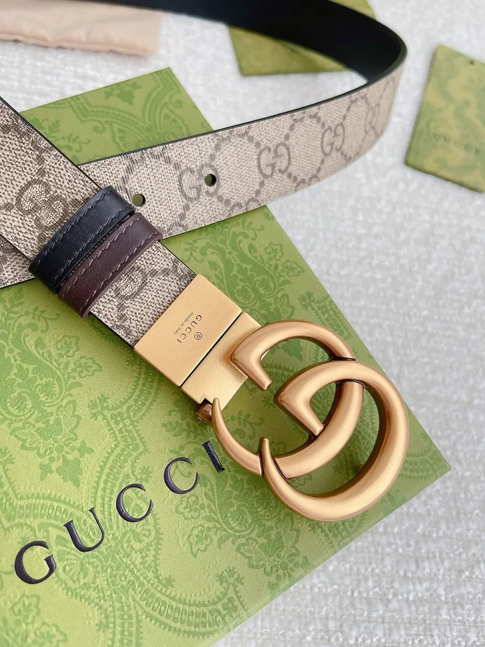 gold Gucci Beige Monogram Belt - Hình 2