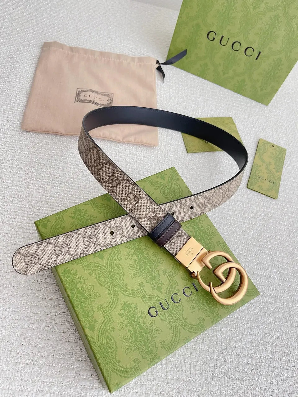 gold Gucci Beige Monogram Belt - Hình 3