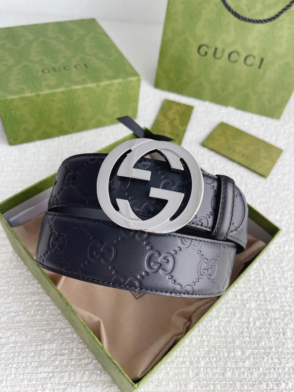 silver interlocking Gucci Black Leather Belt - Hình 8