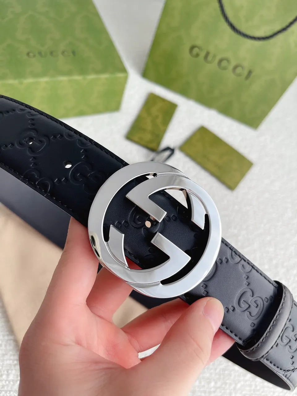 silver interlocking Gucci Black Leather Belt - Hình 6