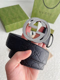 silver interlocking Gucci Black Leather Belt