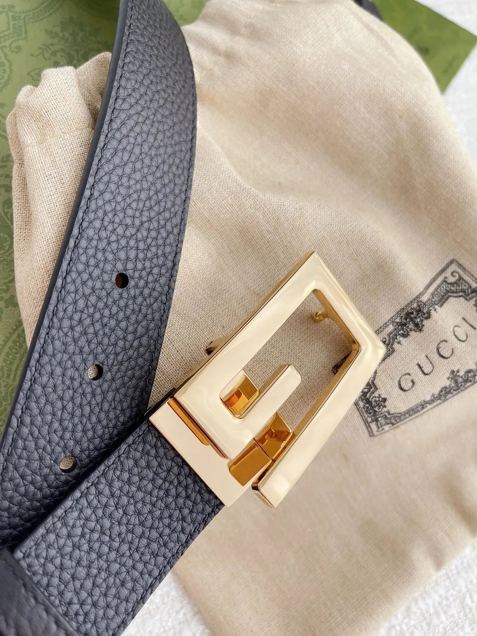 square Gucci Black Leather Belt - Hình 5