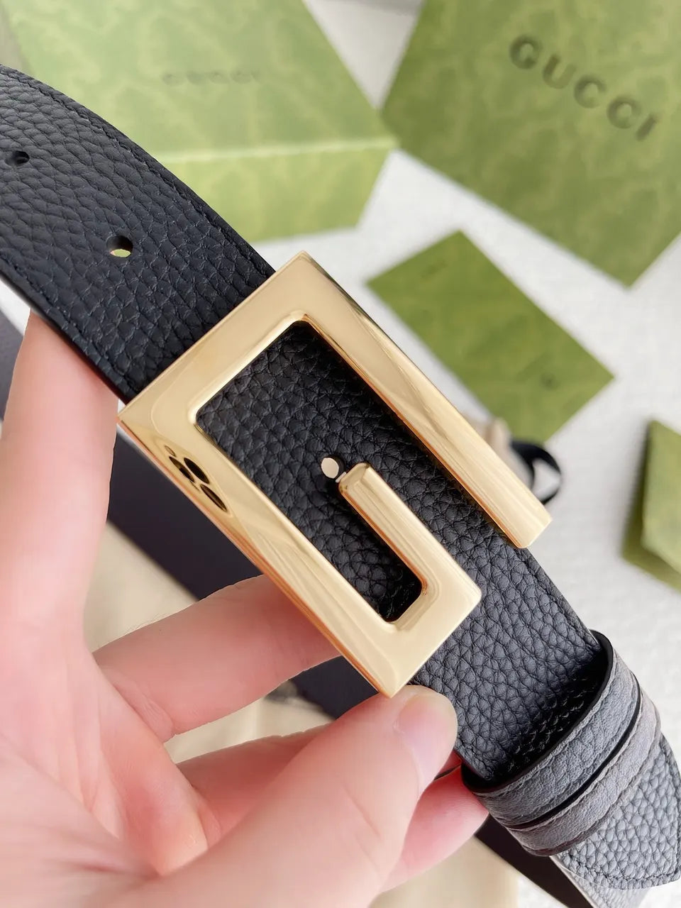 square Gucci Black Leather Belt - Hình 7