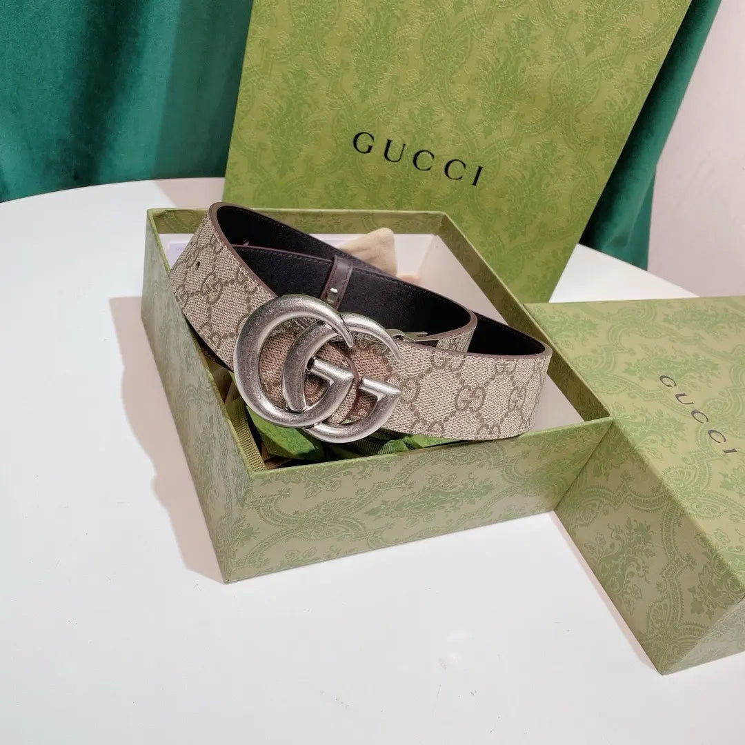 Gucci Beige Monogram Belt silver