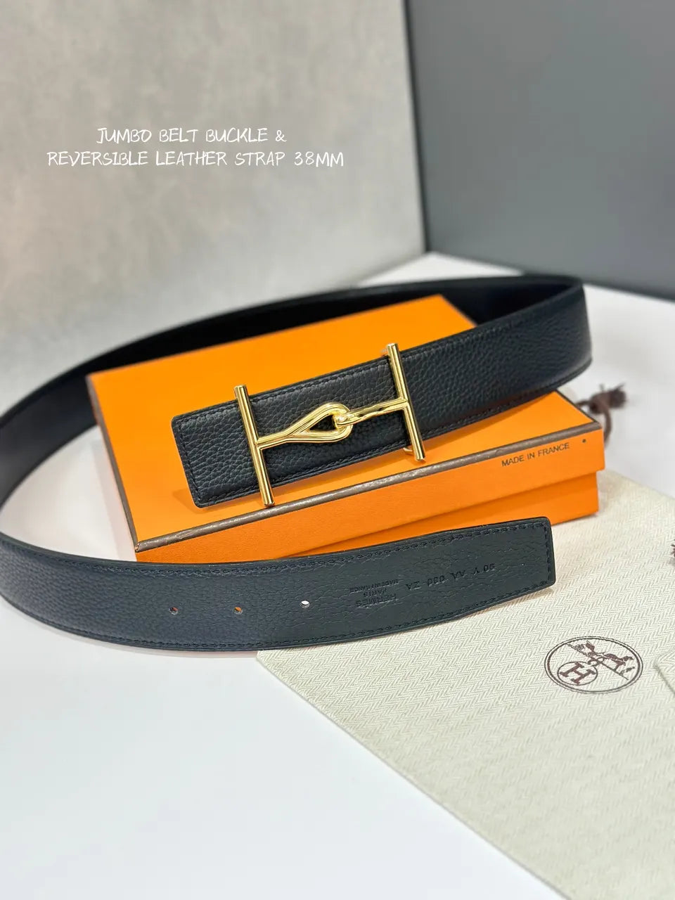 leather Hermes Black Gold Buckle Belt - Hình 3