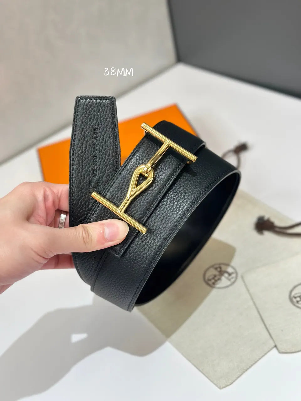 leather Hermes Black Gold Buckle Belt - Hình 2
