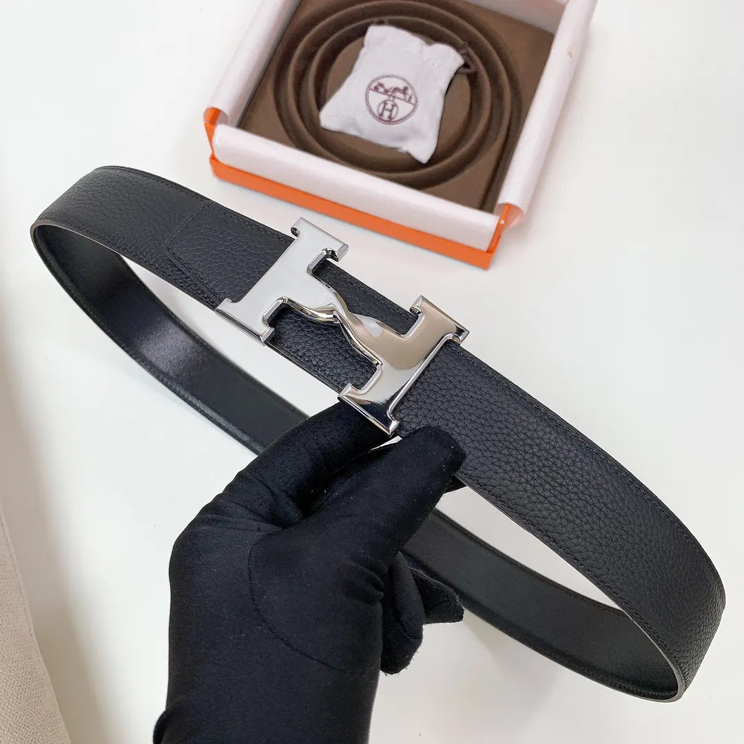 Hermes Black Leather Belt textured - Hình 4
