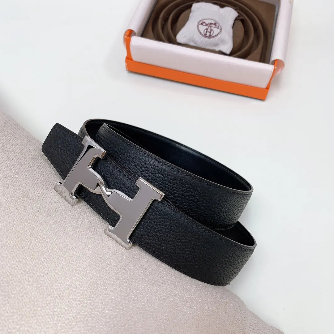 Hermes Black Leather Belt textured - Hình 3