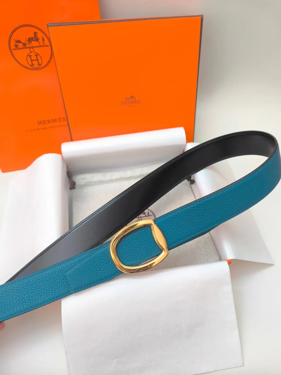 gold Hermes Teal Leather Belt - Hình 2