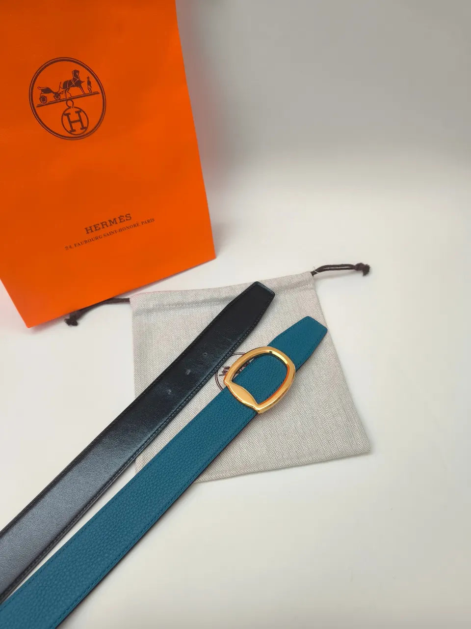 gold Hermes Teal Leather Belt - Hình 3