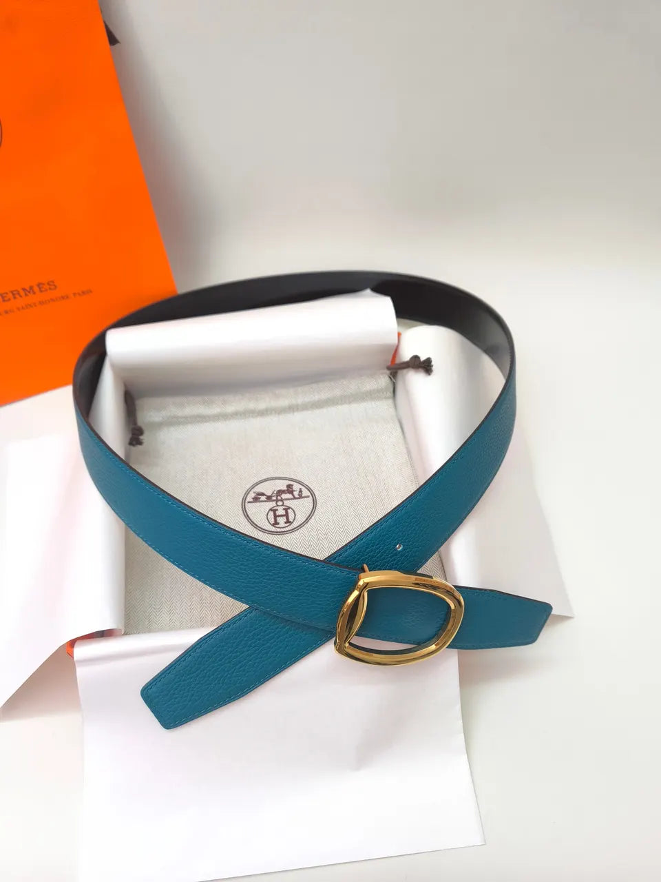 gold Hermes Teal Leather Belt - Hình 5