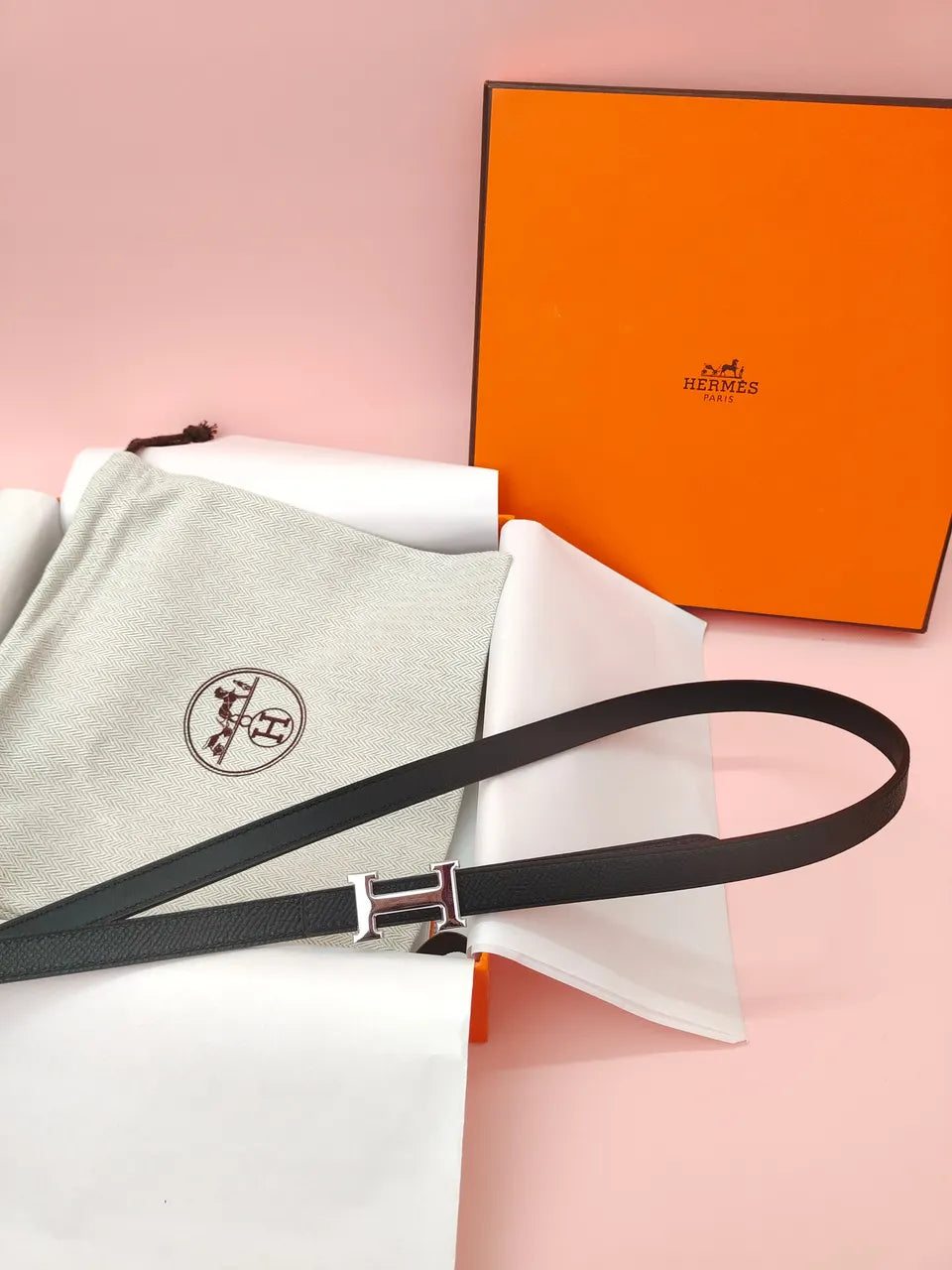 Hermes Black Leather Belt Silver H - Hình 5