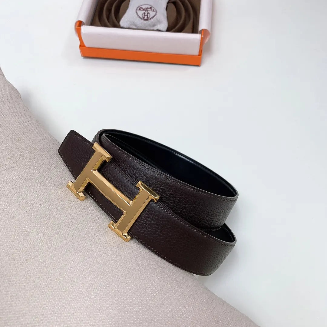 Hermes Dark Brown Leather Belt gold buckle - Hình 4