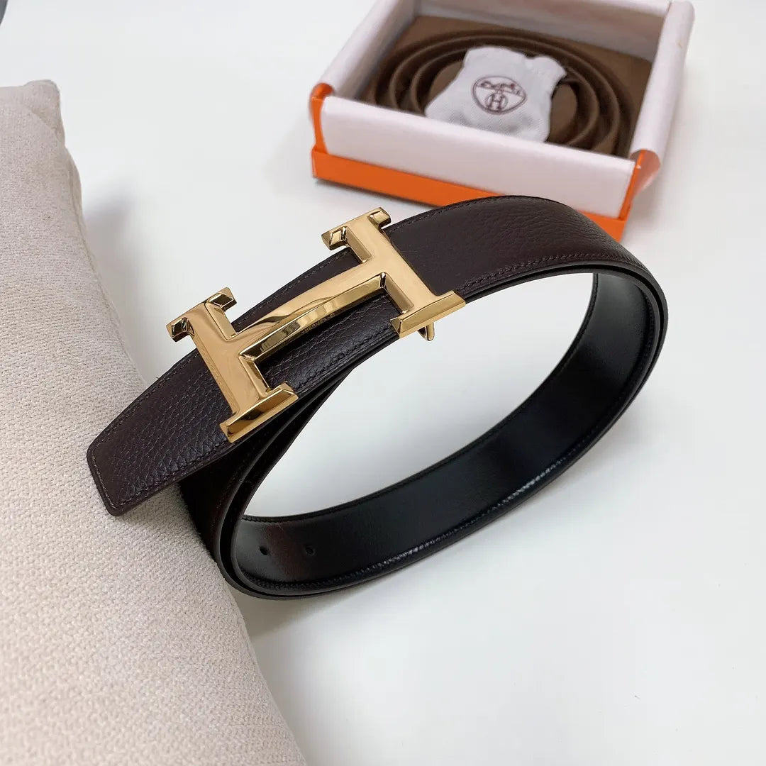 Hermes Dark Brown Leather Belt gold buckle - Hình 3