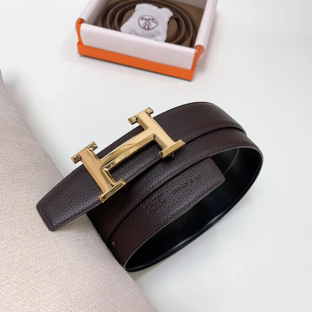 Hermes Dark Brown Leather Belt gold buckle