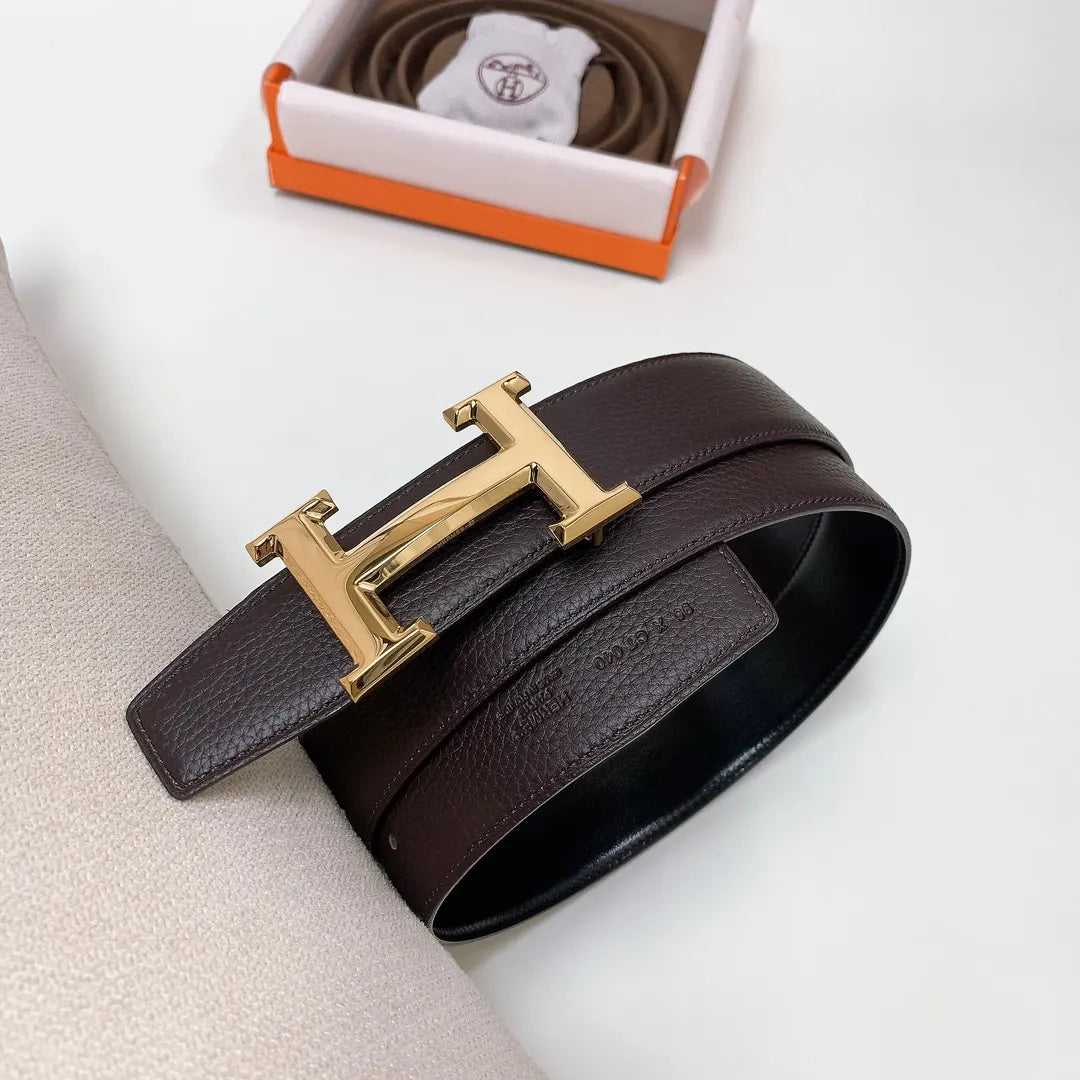 Hermes Dark Brown Leather Belt gold buckle
