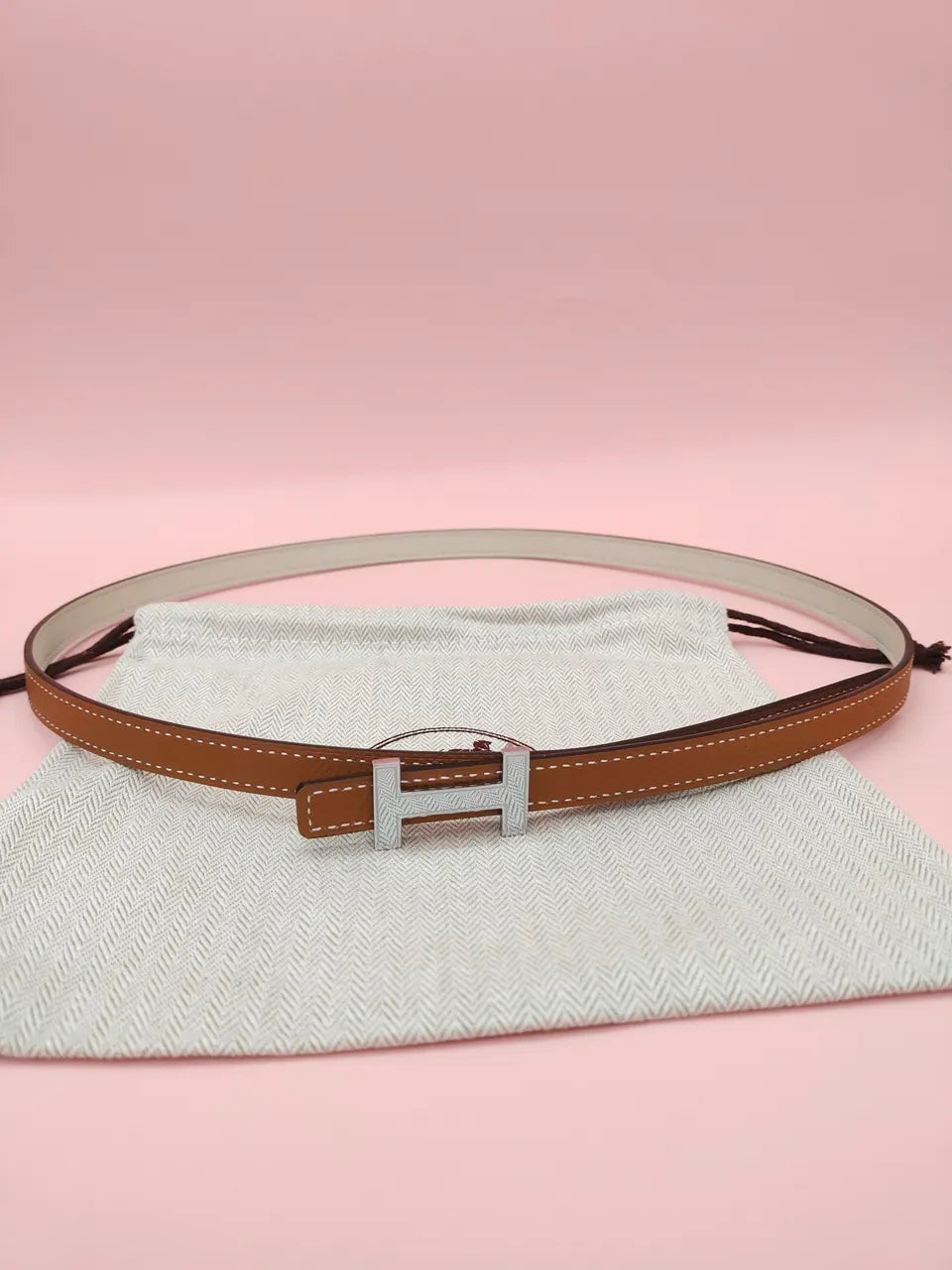 silver Hermes Caramel Leather Belt - Hình 2