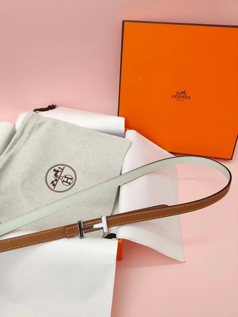 silver Hermes Caramel Leather Belt - Hình 5