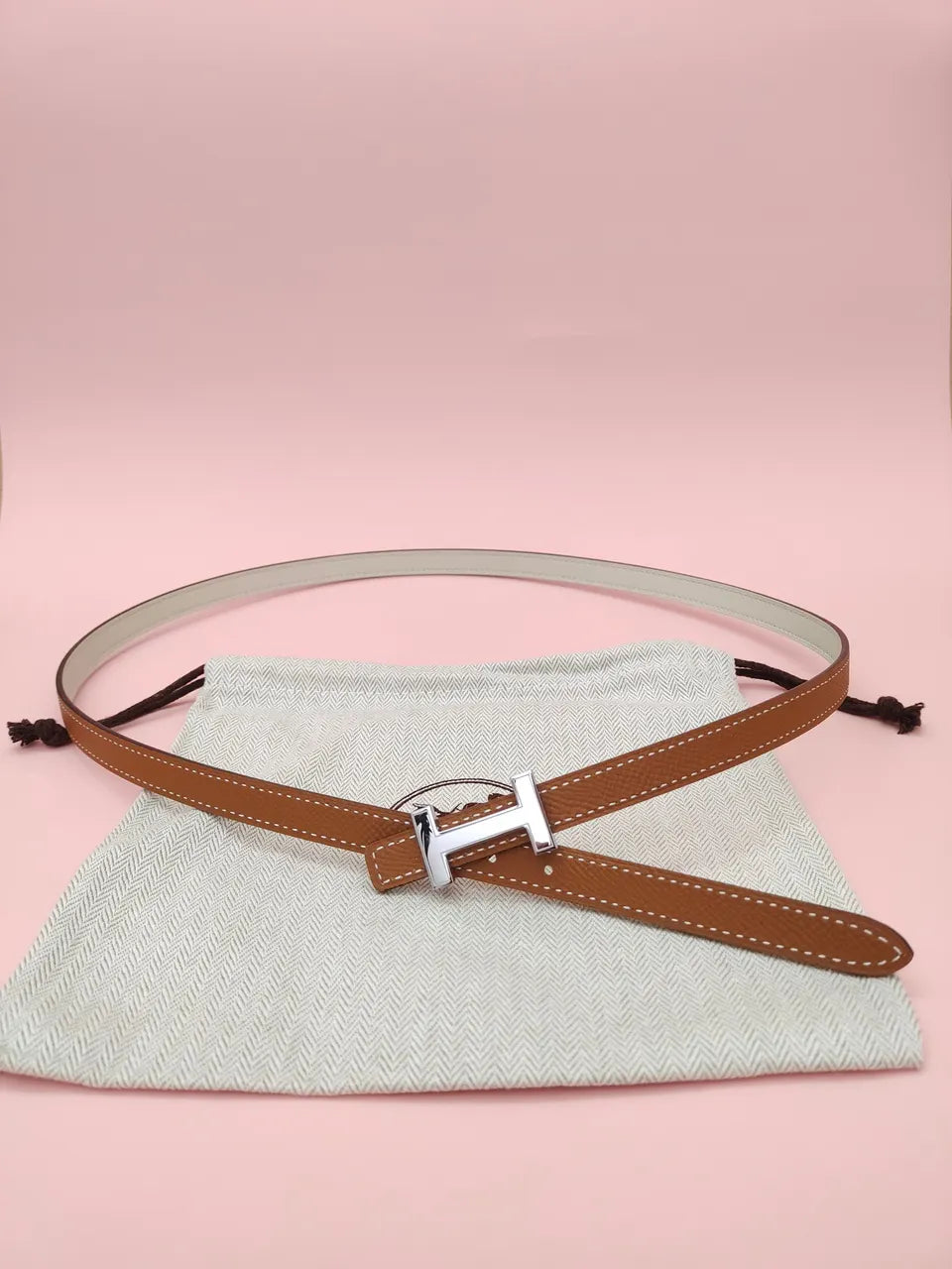 silver Hermes Caramel Leather Belt
