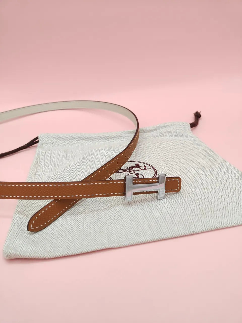 silver Hermes Caramel Leather Belt - Hình 4