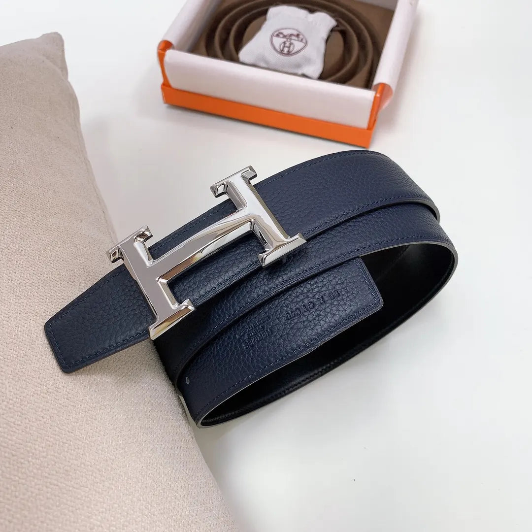 silver Hermes Navy Blue Leather Belt - Hình 3