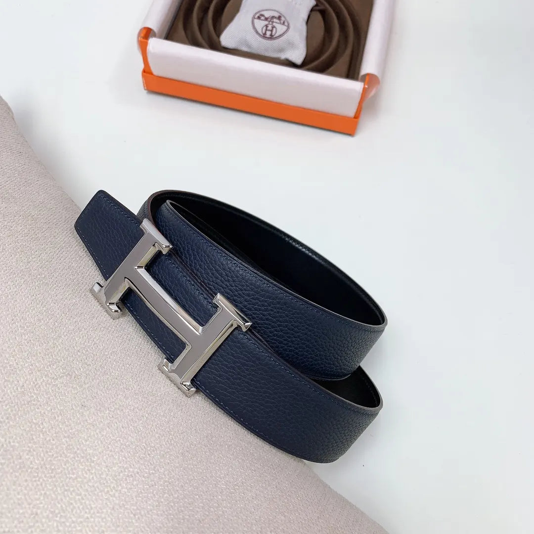 silver Hermes Navy Blue Leather Belt - Hình 4